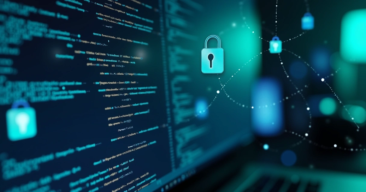 Tela de computador mostrando códigos de criptografia e ilustrações de blockchain 