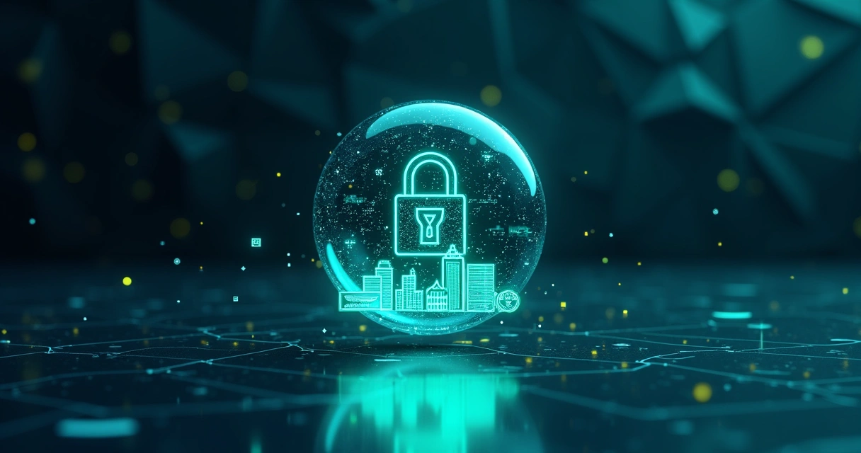 Bolha luminosa protegendo ícones de finanças e cadeado digital 