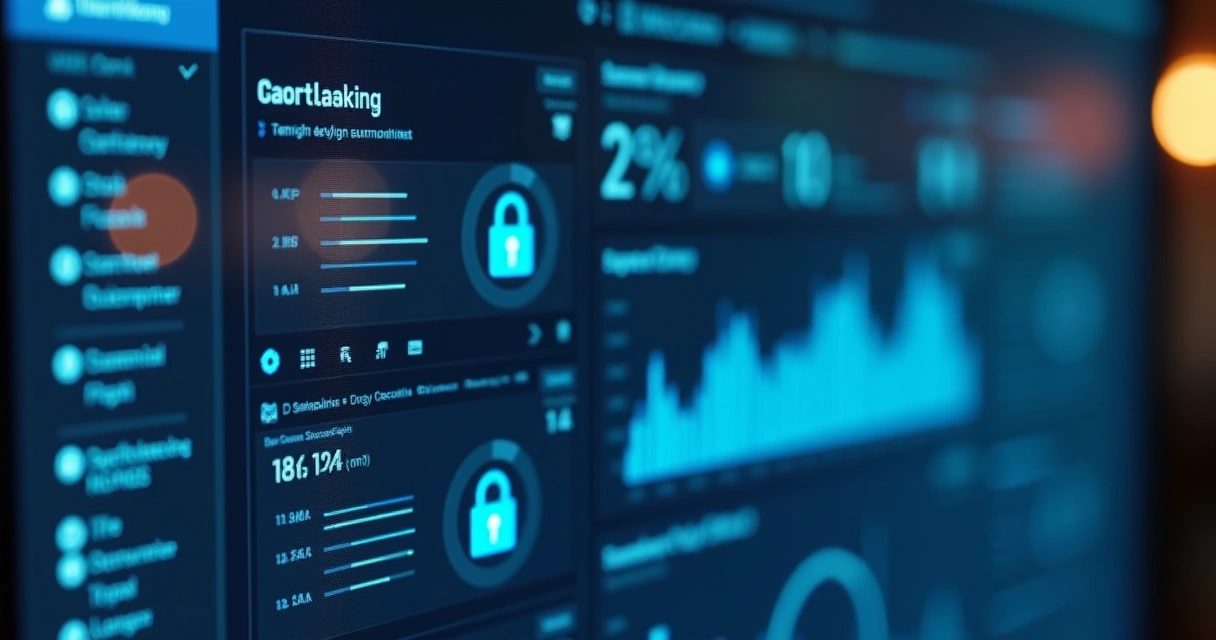 Benchmarking: Como Aplicar na Inteligência Comercial B2B 4 Painel digital com gráficos de comparação, cadeado de segurança e fundo tecnológico