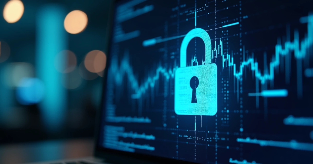 Tela de computador mostrando cadeado digital e gráficos financeiros ao fundo