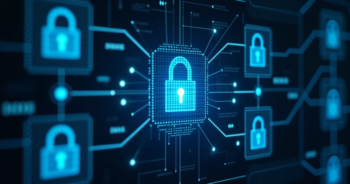 Ilustração de computador com cadeado e conexões digitais protegidas