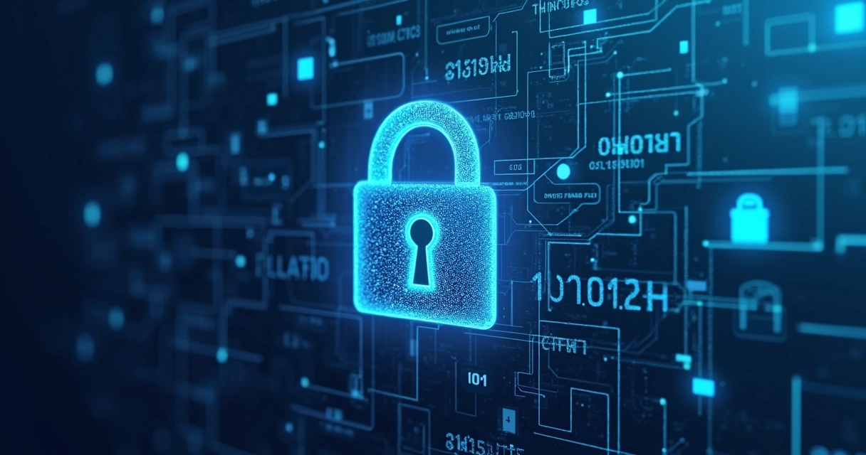 Ícone de cadeado digital sobre dados financeiros cifrados 