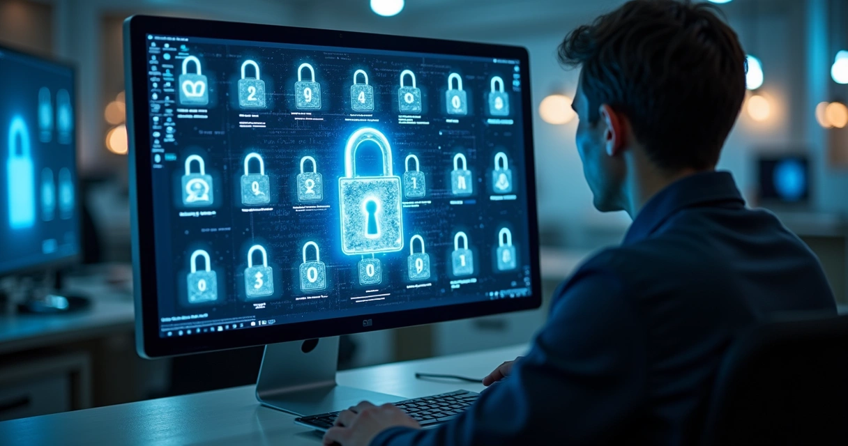 Tela de computador mostrando arquivos protegidos por criptografia 