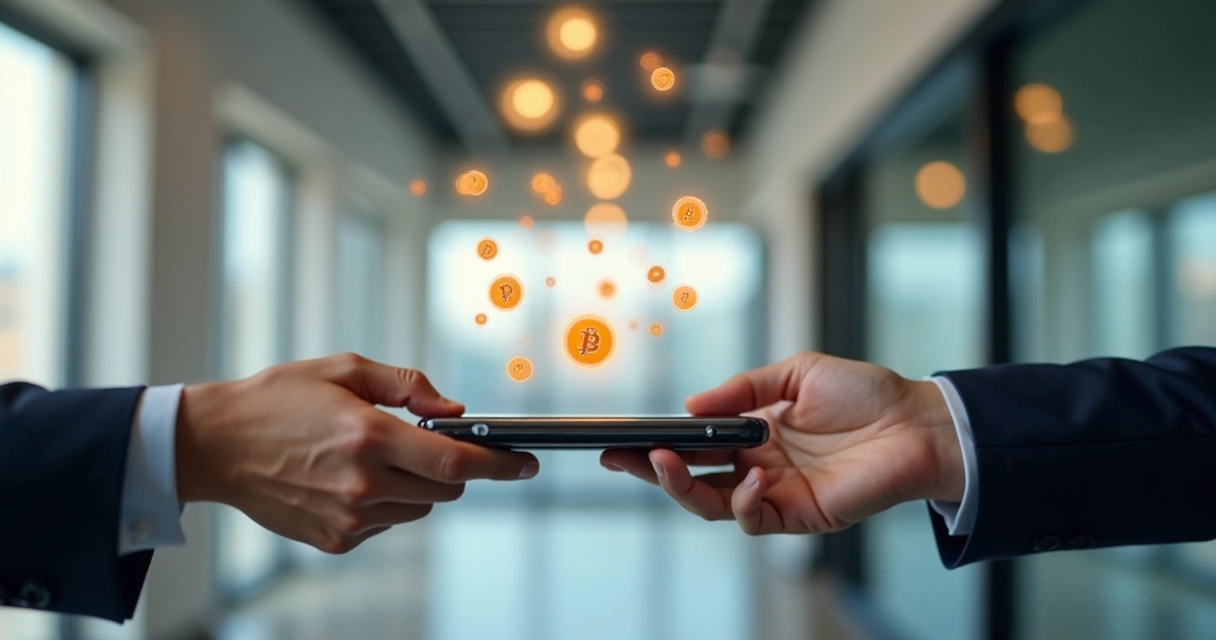 Pessoa entregando carteira de criptomoedas para outra pessoa 