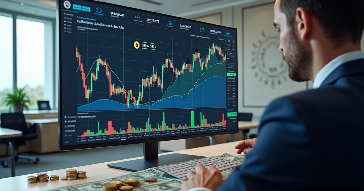 Banco Central do Brasil com tela mostrando gráficos de criptomoedas 