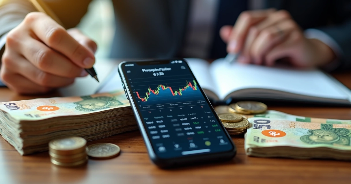 Celular mostra gráficos de criptomoedas ao lado de notas de real e moedas empilhadas 