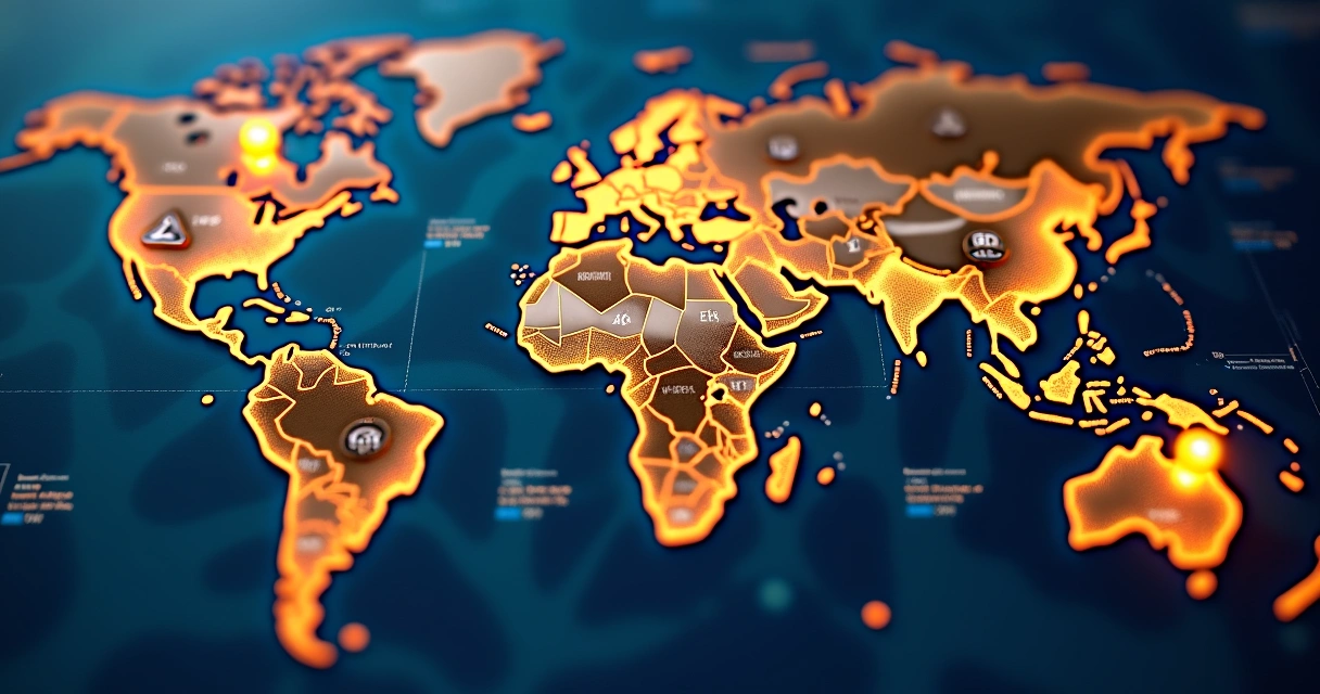 Mapa de criptomoedas com rotas e símbolos de tesouro espalhados 