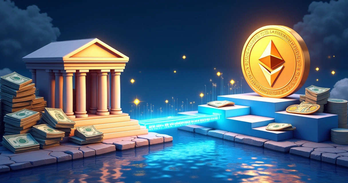 Ilustração de uma ponte digital conectando pilhas de moedas tradicionais a um token de criptomoeda