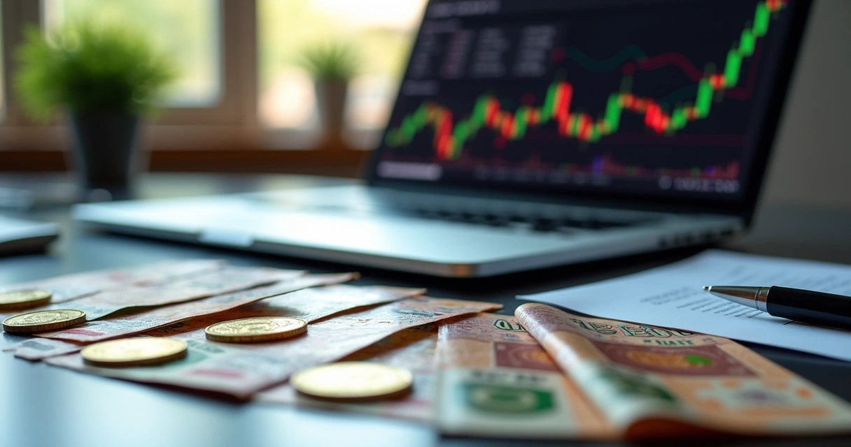Cédulas e moedas de real ao lado de um notebook mostrando gráficos de criptomoedas 