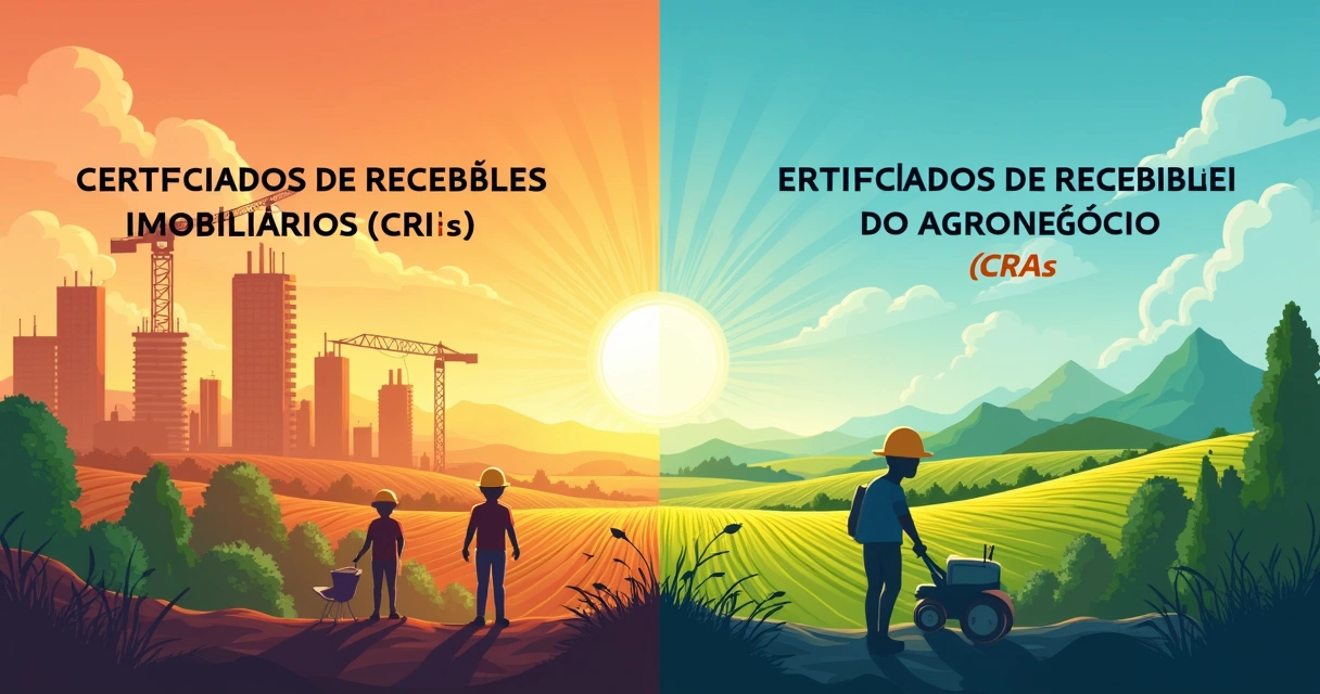 Ilustração dos Certificados de Recebíveis Imobiliários (CRIs) e do Agronegócio (CRAs) com construção e agricultura.