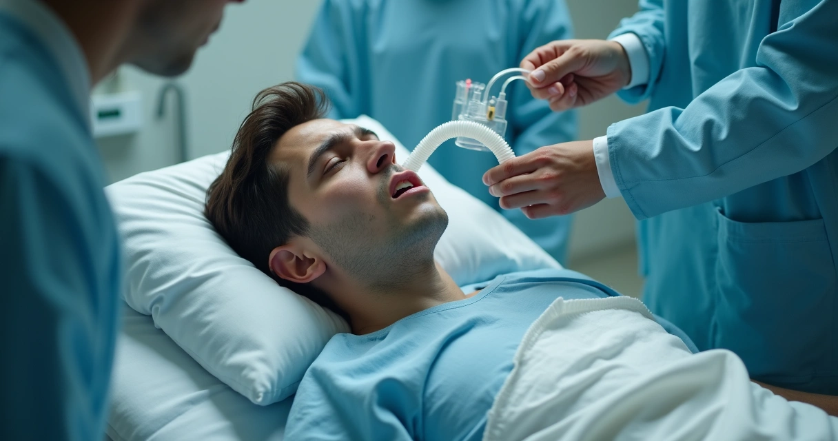 Pessoa em emergência hospitalar recebendo suporte por crise de asma grave 