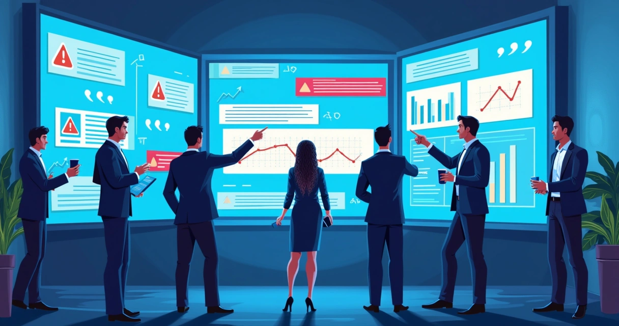 Equipe analisando conversas de bot em telas grandes