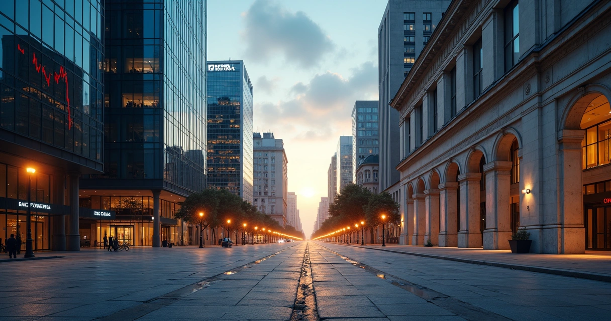 Painel dividido mostrando de um lado prédios de bancos e do outro órgãos reguladores conectados por fios luminosos 