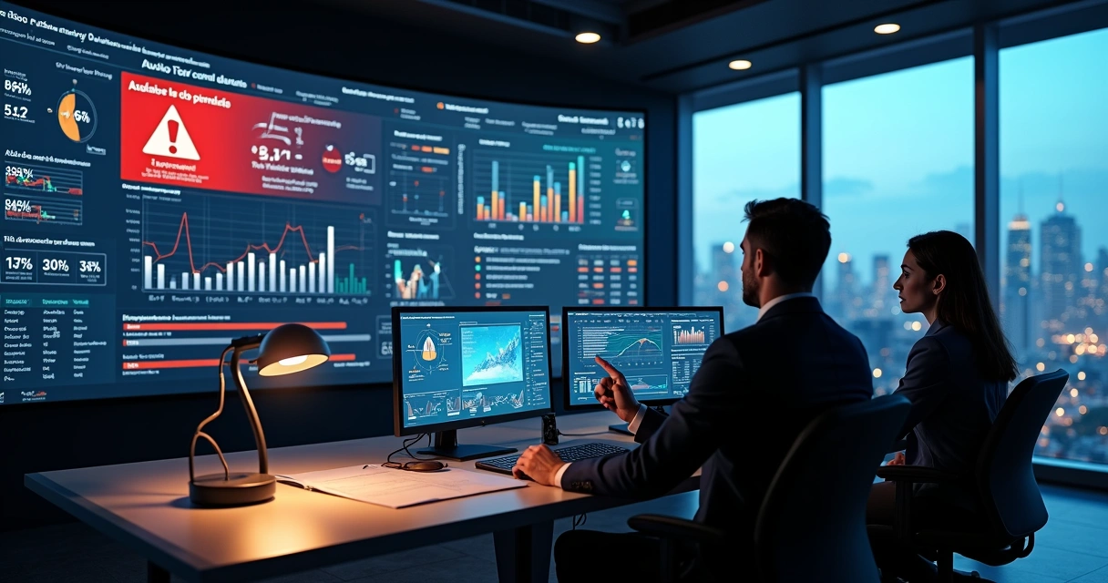Painel de controle financeiro digital com alerta vermelho de risco tributário em escritório corporativo 