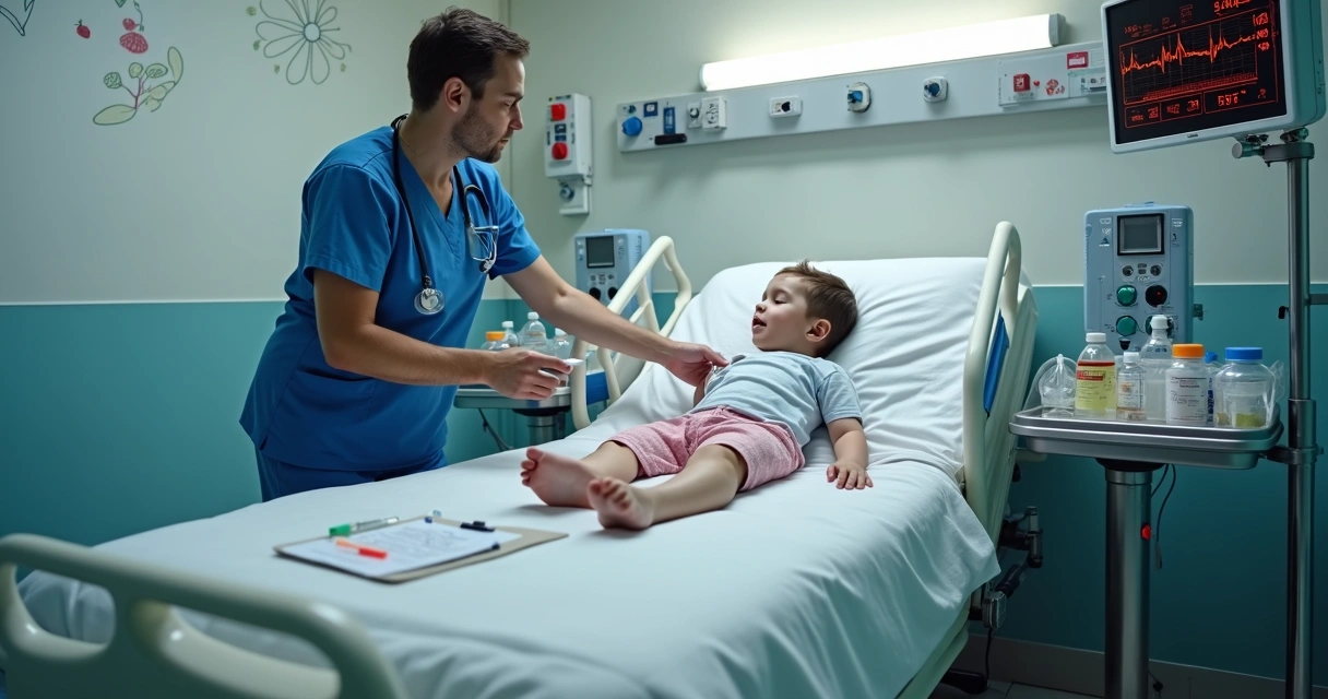 Equipe de emergência atendendo criança com crise convulsiva em sala pediátrica 