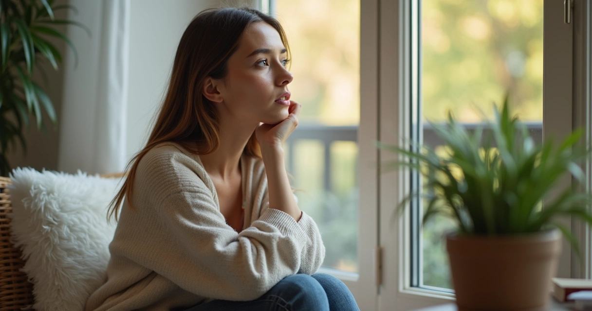Mulher sentada em ambiente interno olhando para fora de uma janela, expressão pensativa e calma, tons neutros 