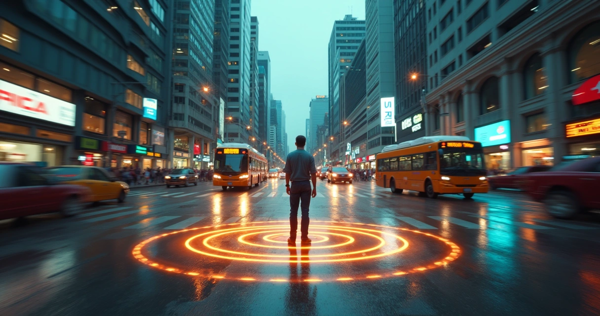 Pessoa parada em meio à rua movimentada com halos de luz ao redor 