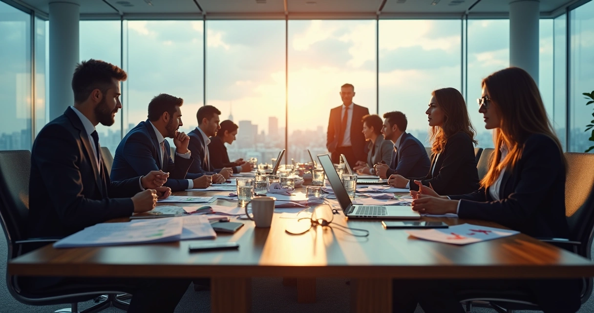 Sala de reunião corporativa dividida entre caos e equilíbrio emocional 