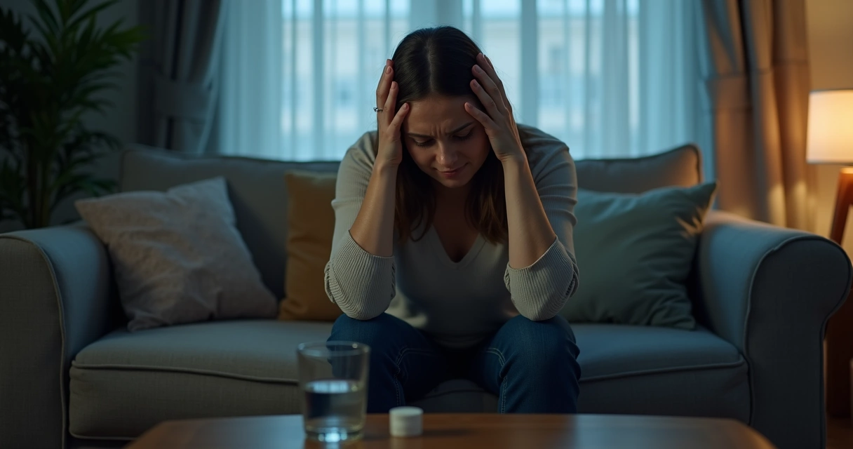 Mulher sentada no sofá com expressão de dor, segurando a cabeça, com cortinas fechadas. 