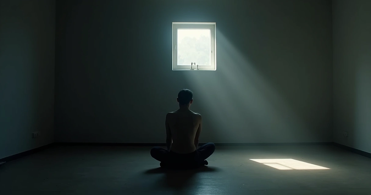 Pessoa sentada no chão em quarto escuro, refletindo em silêncio 