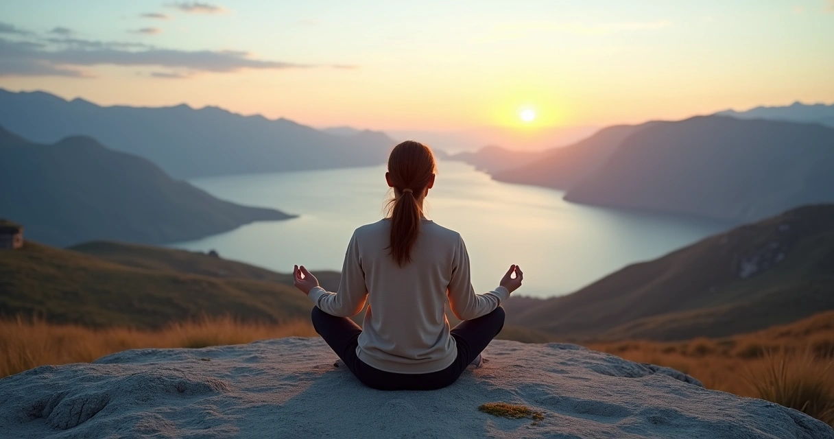 Pessoa sentada em contemplação diante de paisagem ampla ao nascer do sol 