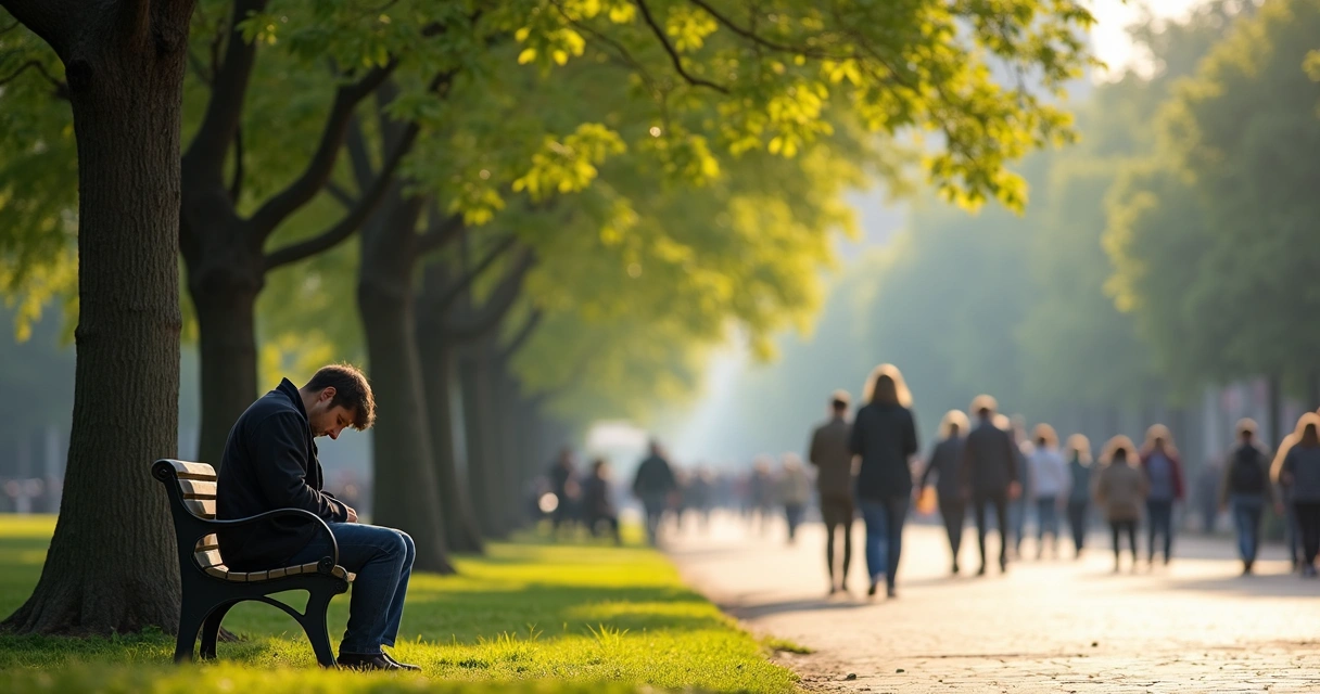 Pessoa sentada sozinha olhando para baixo em um banco de praça 