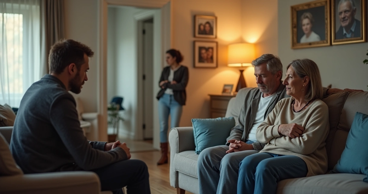 Família sentada em silêncio na sala, com tensão visível entre gerações 
