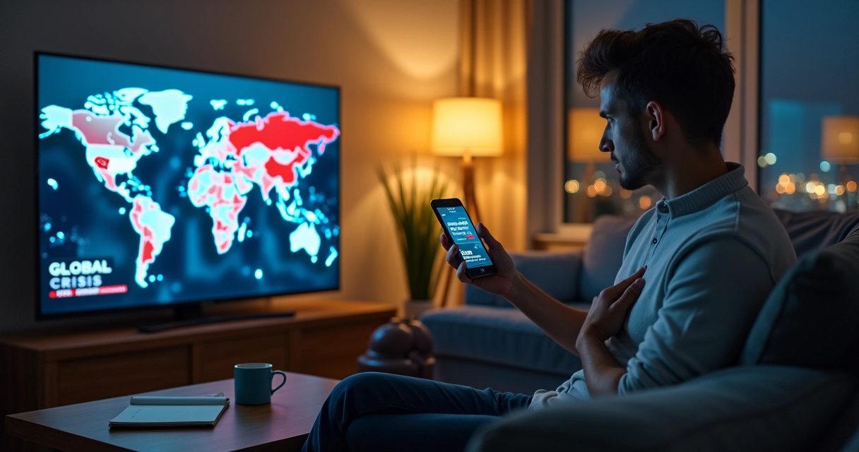 Pessoa olhando o noticiário sobre crises globais refletindo em casa 