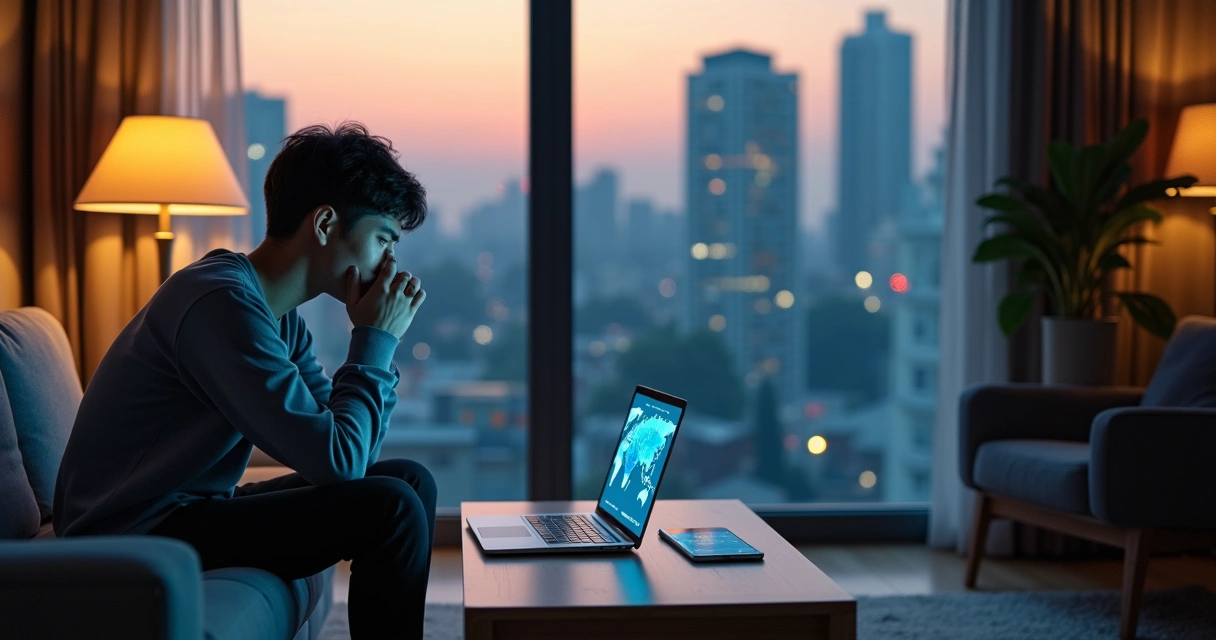 Pessoa pensativa diante de telas com notícias globais em um cenário urbano ao entardecer 