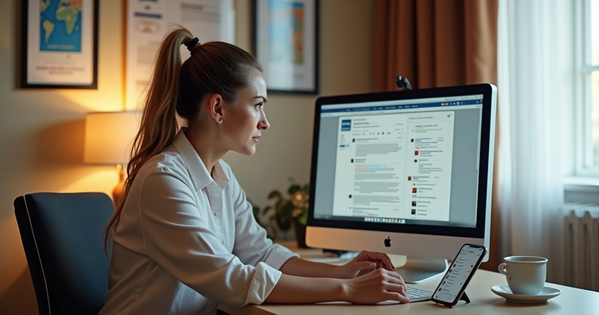 Gerente de hotel analisando comentários negativos em redes sociais, preocupado frente ao computador 