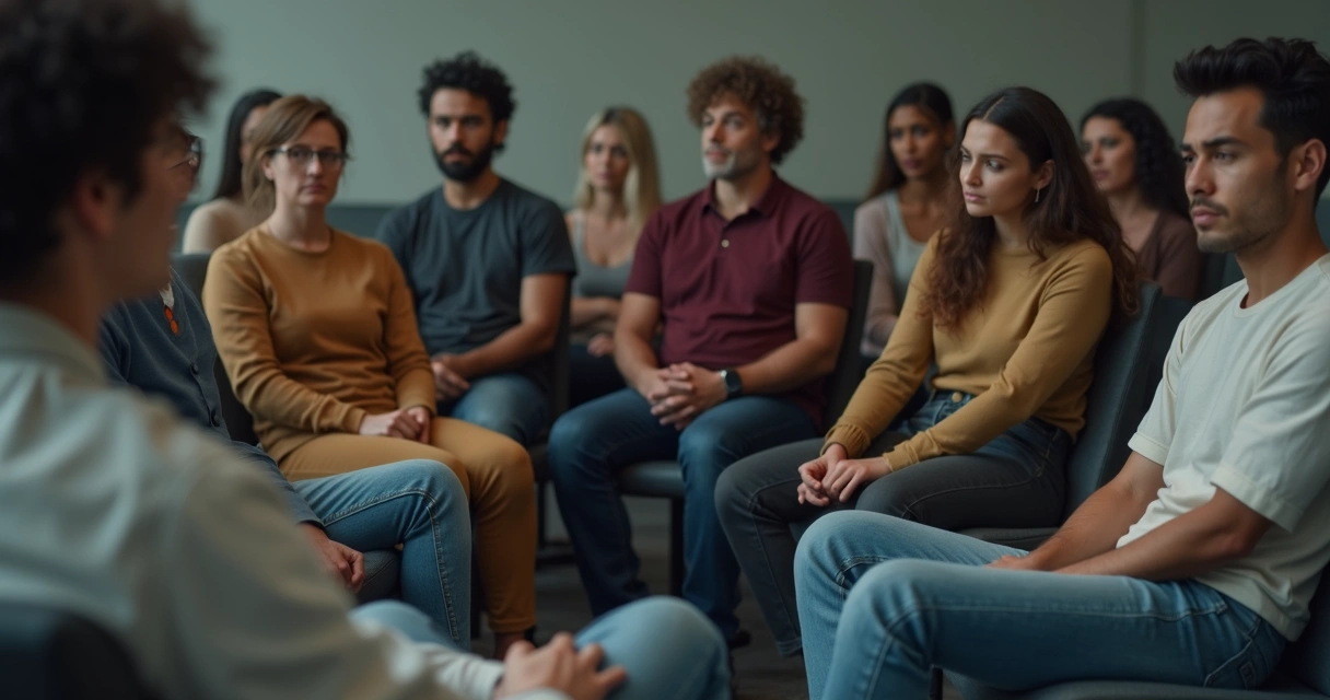 Pessoas sentadas em círculo olhando para baixo, semblantes preocupados, ambiente interior discreto e luz suave 