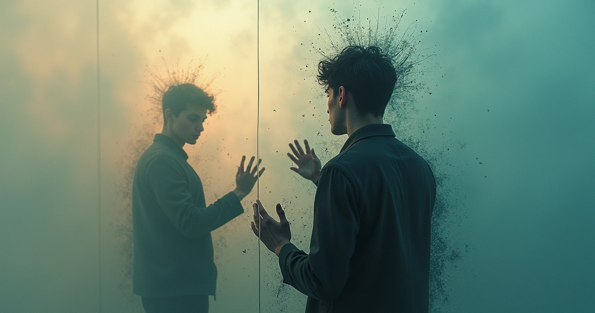 Pessoa em frente ao espelho com reflexos desfocados 