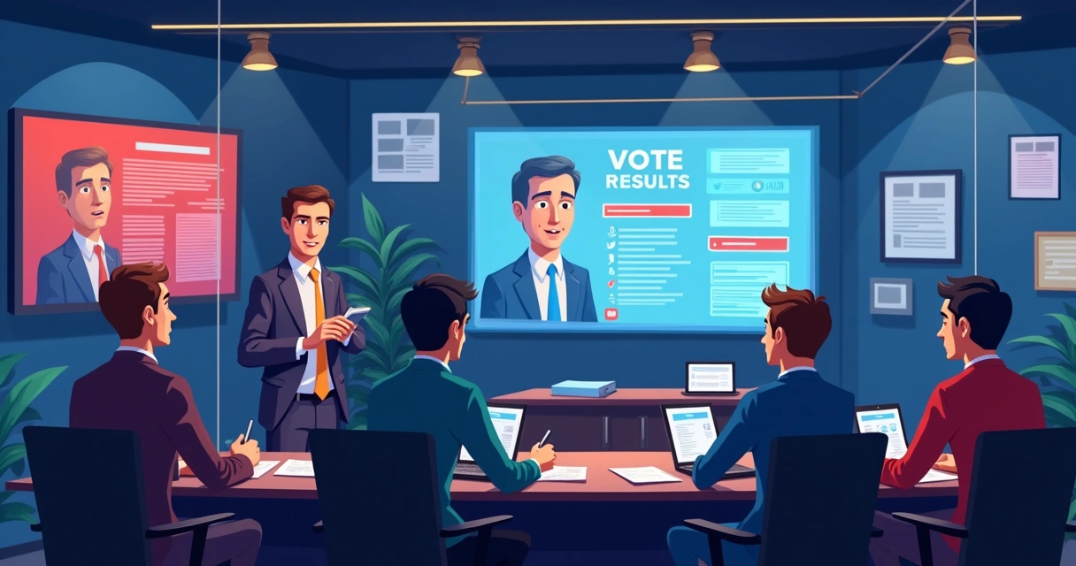 Candidato e equipe olhando preocupados para tela durante contagem de votos 