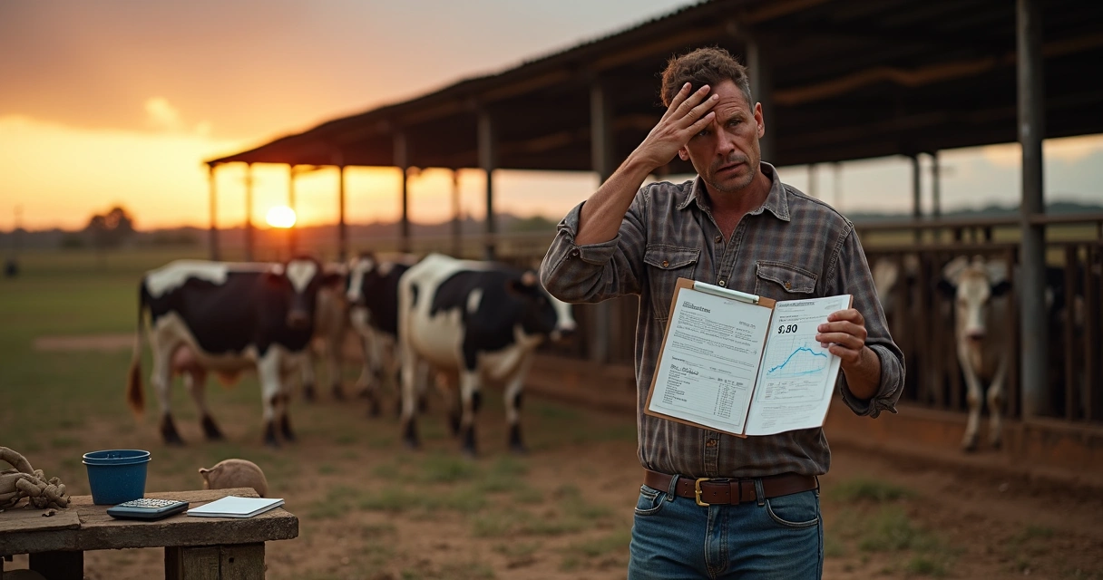 Produtor de leite preocupado em frente ao curral com vacas e planilhas de contas 