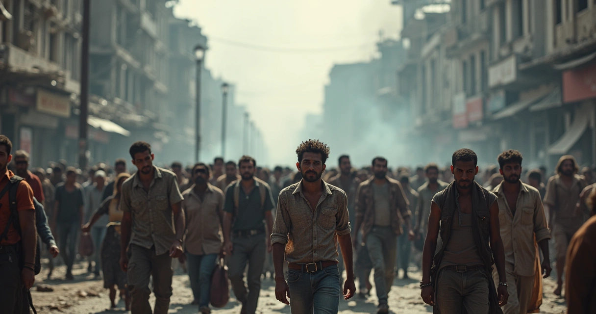 Pessoas caminhando em meio a uma cidade em ruínas, clima de tensão e resiliência. 