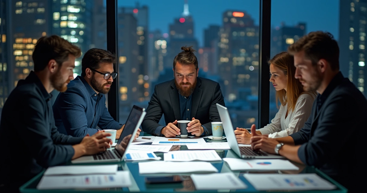 Reunião tensa de sócios de uma startup discutindo um problema, expressão séria, gráficos de desempenho na mesa