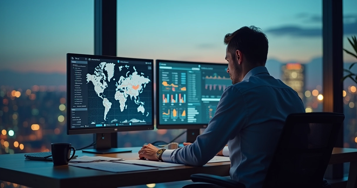 Homem revisando relatórios em ambiente de crise nos negócios 