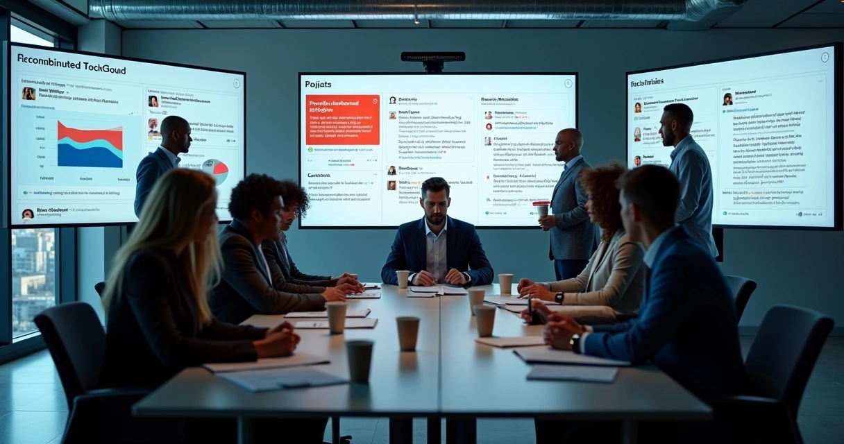 Equipe reunida em sala de reunião com monitores exibindo redes sociais em alerta, expressão de preocupação 