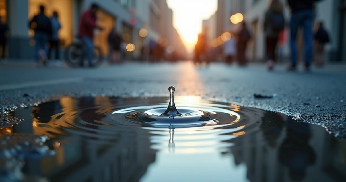 Poça d’água com impacto de gota formando ondas em cidade ao fundo 