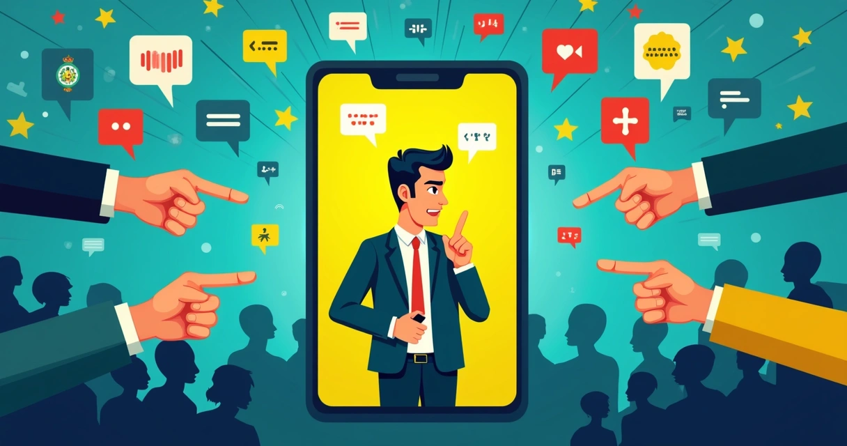 Político em destaque sendo apontado por várias mãos em uma tela digital com comentários e ícones de curtidas 
