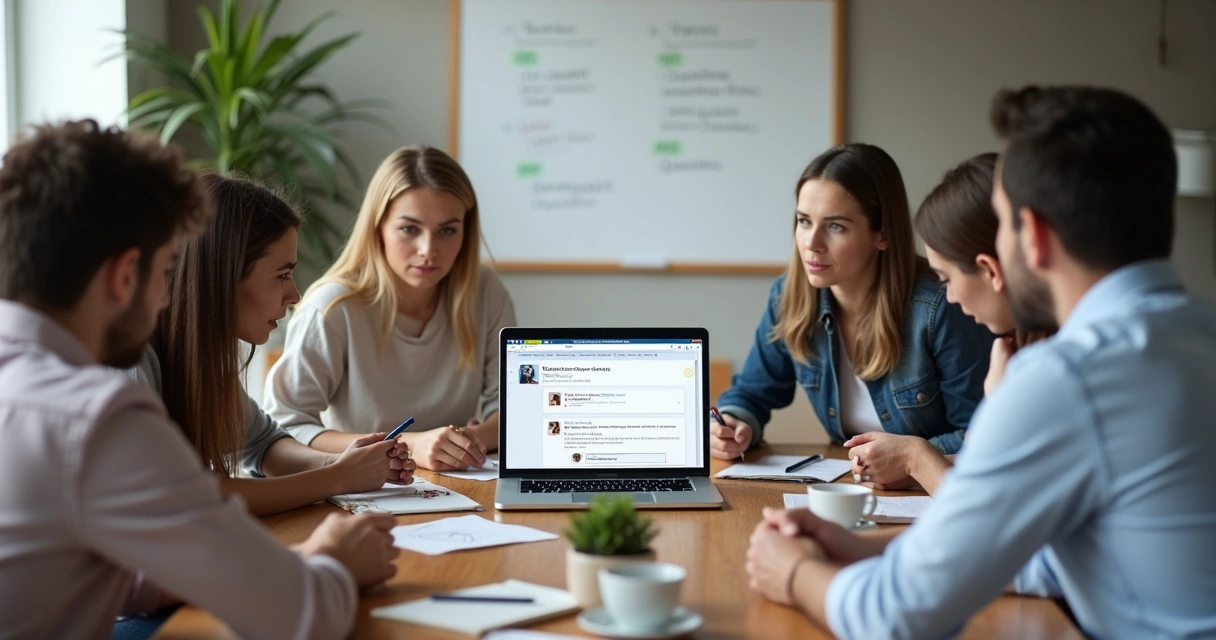 Equipe de PME reunida ao redor de uma mesa, analisando reclamações em um notebook e definindo plano de ação. 