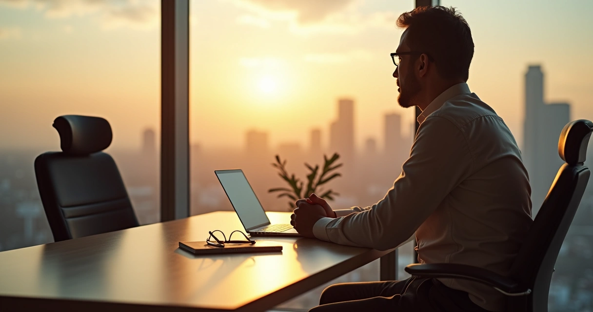 Profissional sentado em mesa de escritório olhando pela janela pensativo 