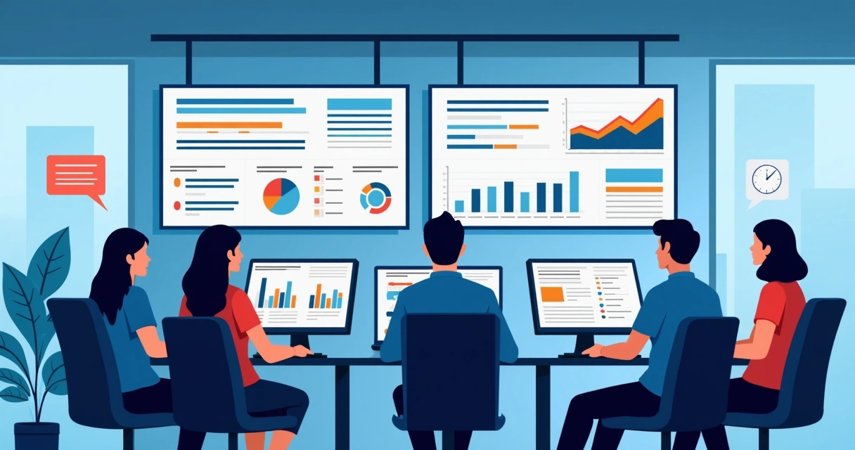 Equipe de marketing monitorando notificações de crise em painéis digitais em tempo real