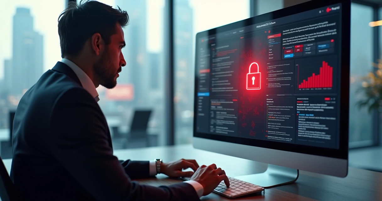 Executivo olhando para tela de computador com alerta de vazamento de dados confidenciais e gráficos de crise nas redes sociais 