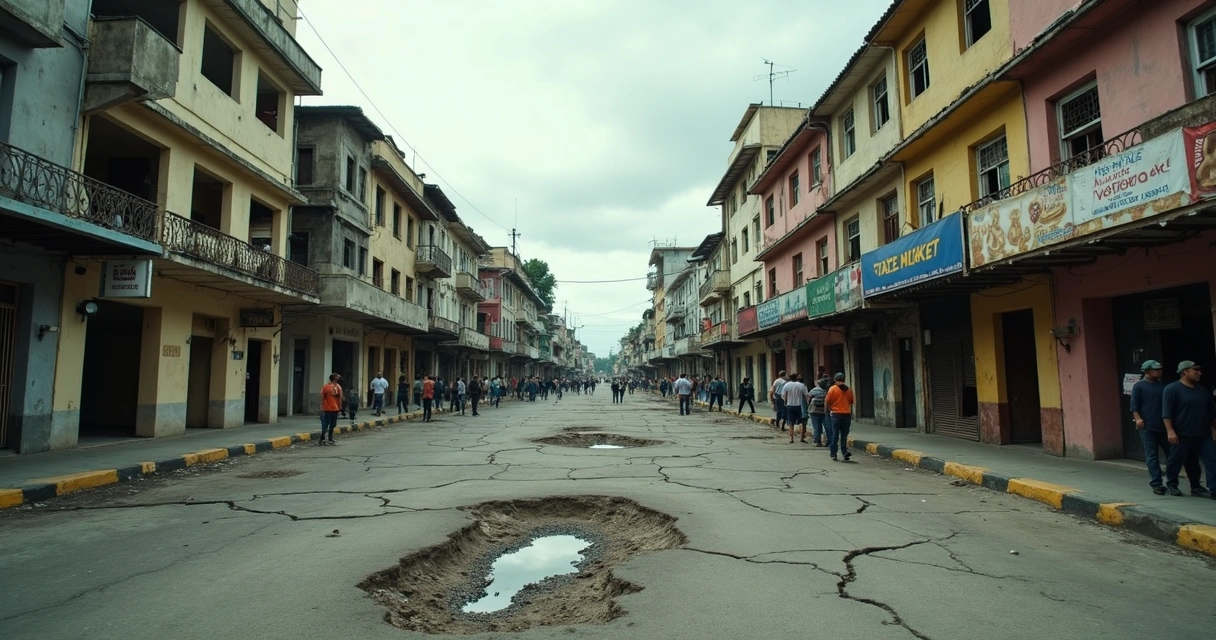 Ruas vazias na Venezuela com prédios degradados 