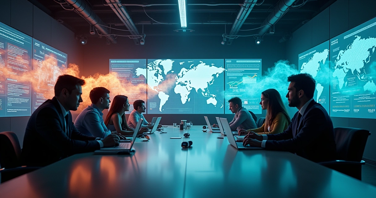 Leadership team in crisis command room surrounded by colored emotional waves 