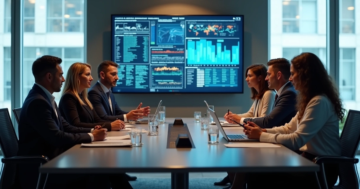 Crisis communication team discussing around a conference table, large digital screen showing crisis data in the background