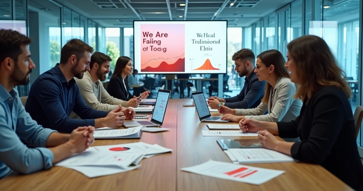 Equipo directivo reunido en sala de juntas durante una crisis organizacional con tensión en el ambiente 