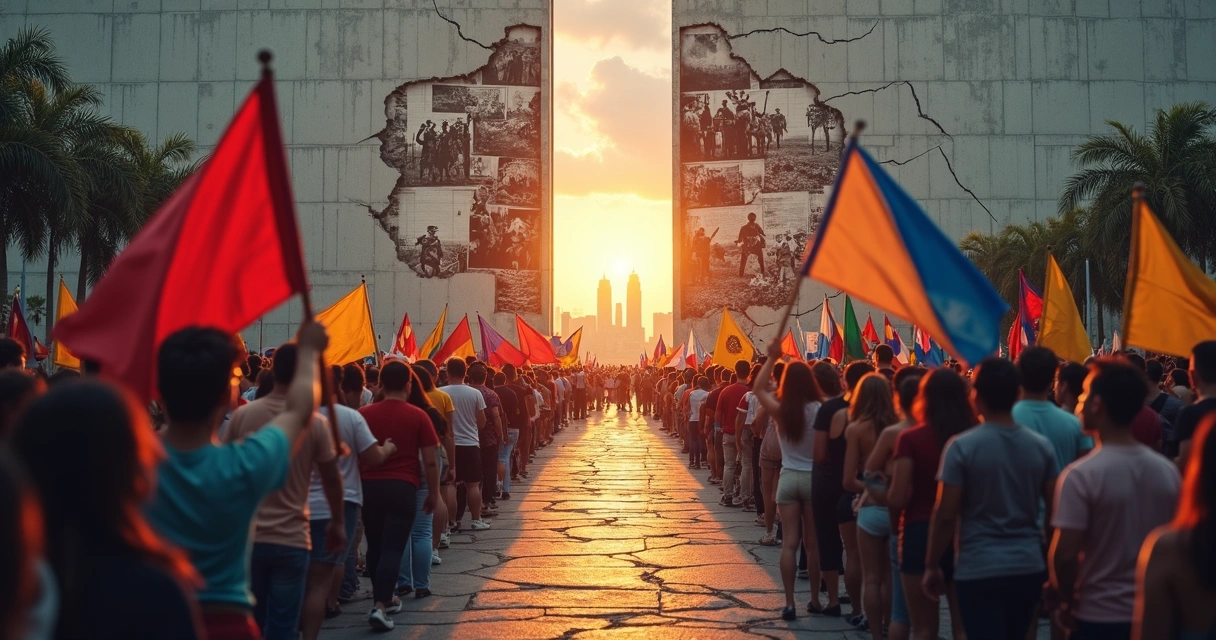 Manifestación política dividida por un muro con escenas del pasado 