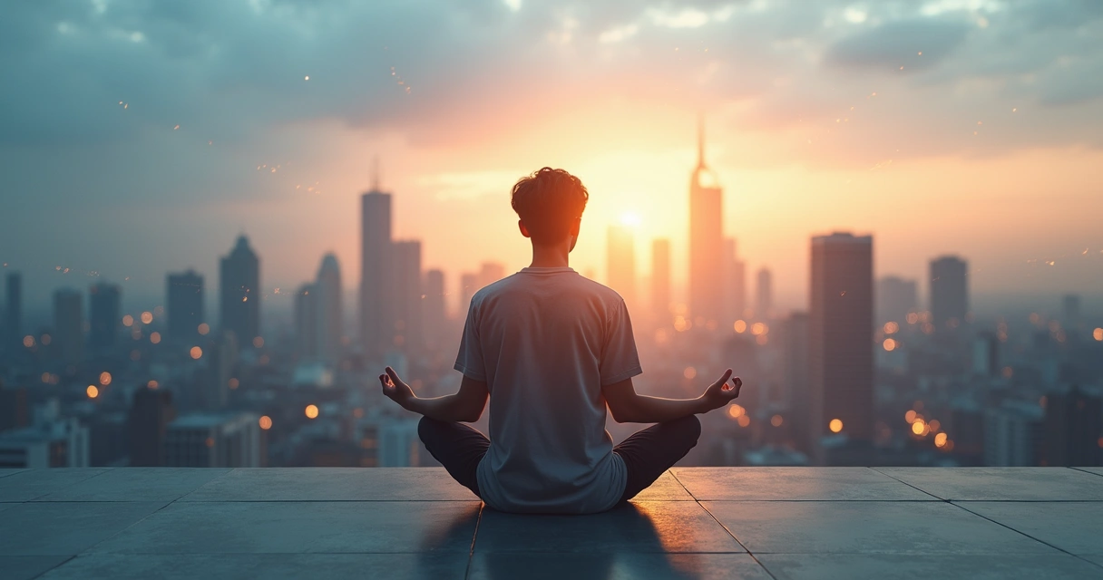 Persona meditando en azotea con ciudad al amanecer de fondo 